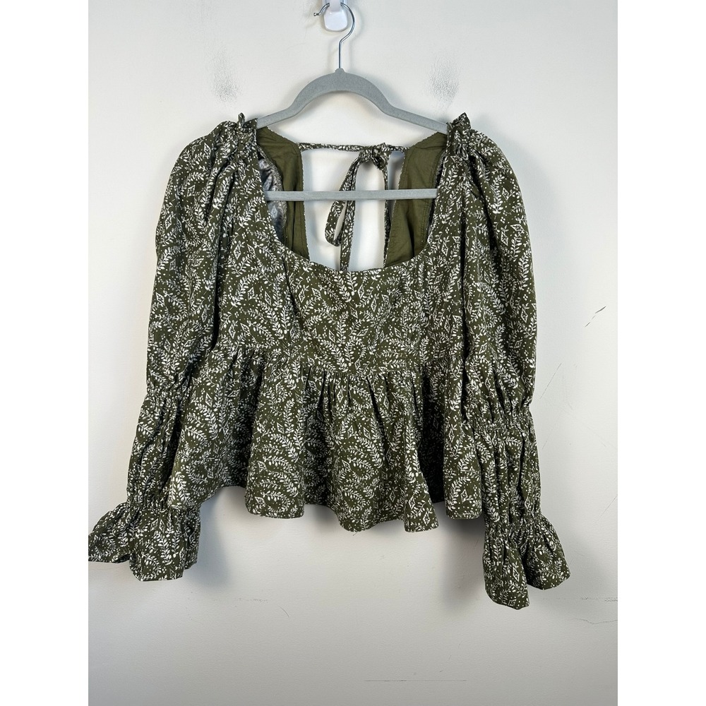 Pilcro Blouse Women Small Green Excellent Corduroy Puff Sleeve Floral Peplum Top